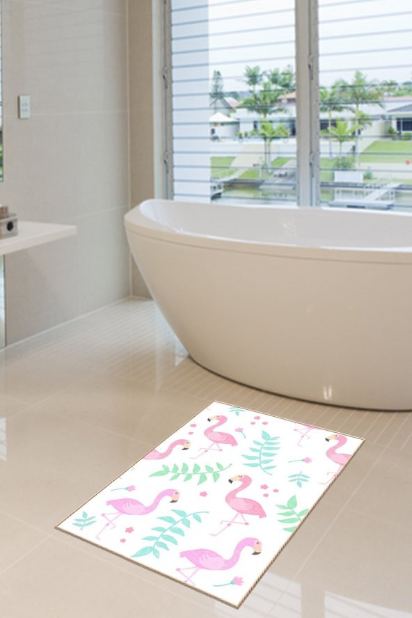 40x60 Dijital Kaymaz Tabanlı Flamingolu Banyo ve Kapı Paspası