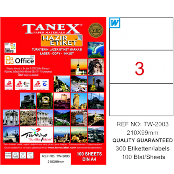 Tanex Lazer Etiket 100 YP 210x99 Laser-Copy-Inkjet TW-2003