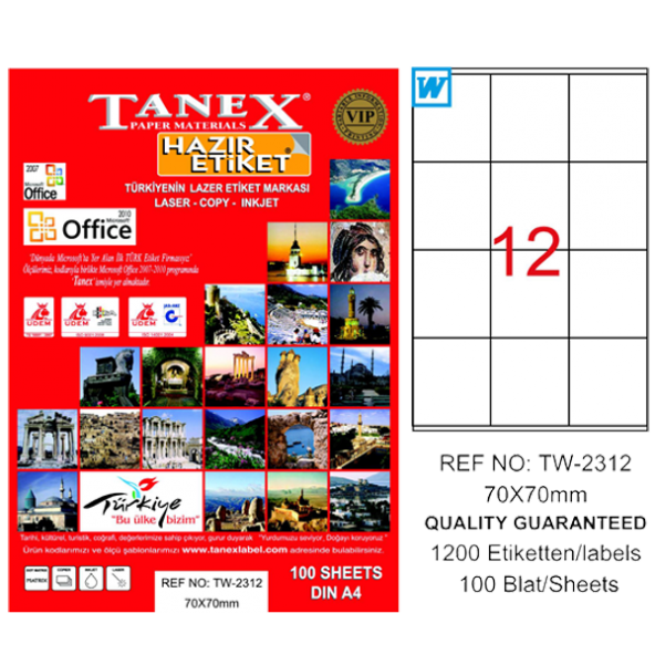 Tanex Lazer Etiket 100 YP 70x70 Laser-Copy-Inkjet TW-2312 ürün görseli 1