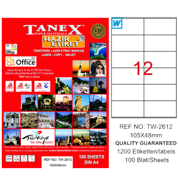Tanex Lazer Etiket 100 YP 105x48 Laser-Copy-Inkjet TW-2612 ürün görseli 1