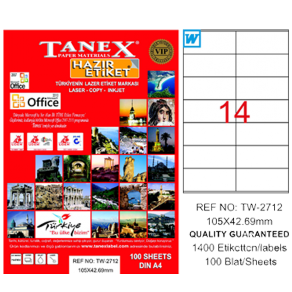Tanex Lazer Etiket 100 YP 105x42.69 Laser-Copy-Inkjet TW-2712