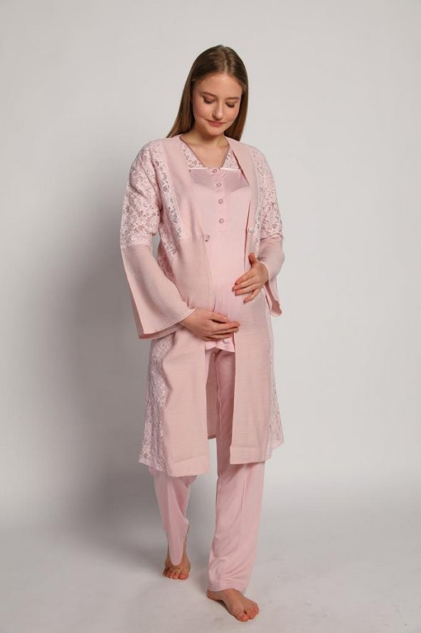 Bone Club 4905 Pembe Krinkel Sabahlıklı Lohusa 3 Lü Pijama Sabahlık - 2