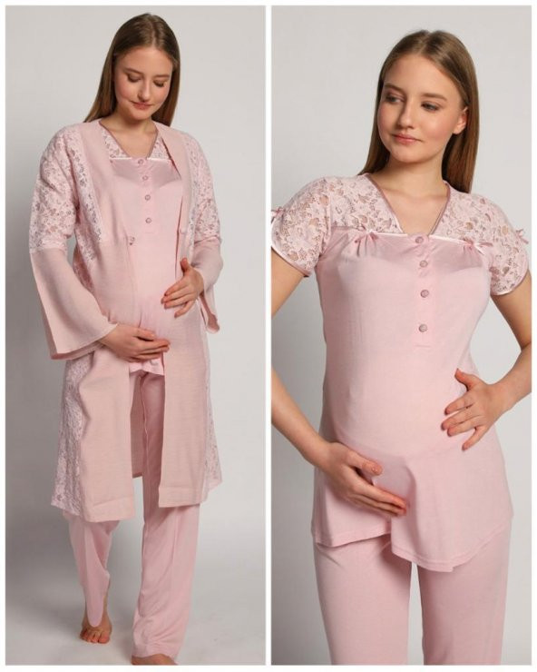 Bone Club 4905 Pembe Krinkel Sabahlıklı Lohusa 3 Lü Pijama Sabahlık - 4