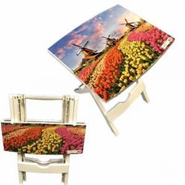 Manzara Desenli Çok Amaçlı Pratik Katlanır Plastik Masa 44x38 cm Katlanır Sehpa Laptop Masası - 1