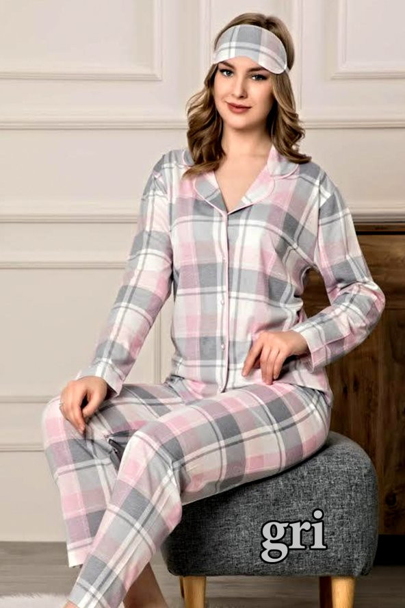 Nisanca Ekose Desenli Önden Düğmeli %100 Pamuk Bayan Pijama Takımı