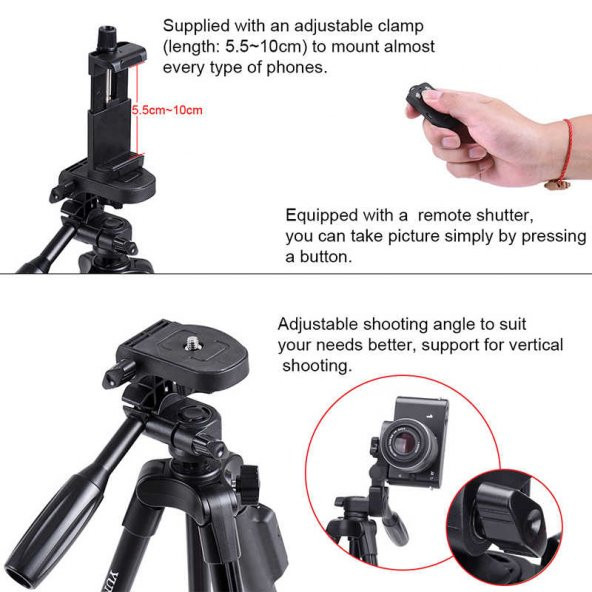 Yunteng VCT 5208 Bluetooth Kumandalı Telefon 3 Ayak Tripod 125 Cm - 5