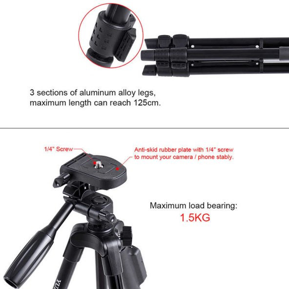 Yunteng VCT 5208 Bluetooth Kumandalı Telefon 3 Ayak Tripod 125 Cm - 6