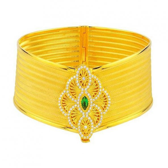 Yeşil Taşlı 9 sıralı hasır kelepçe 22 ayar altın