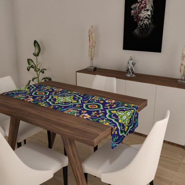 Dijital Baskılı Runner Yıkanabilir ve Silinebilir Kumaş Mavi Yaprak Desenli - 2