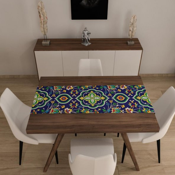 Dijital Baskılı Runner Yıkanabilir ve Silinebilir Kumaş Mavi Yaprak Desenli - 3