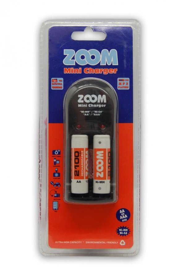 Zoom C-207 Pil Şarj Cihazı 4lü + 2100 mA Pil Hediyeli