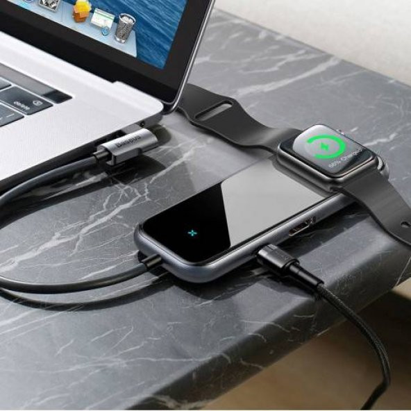 Orjinal Baseus HUB Type-C to 2 x USB3.0+HDMI+ PD+ iWatch Wireless Şarj 4K Aktarım 60w Şarj desteği - 2