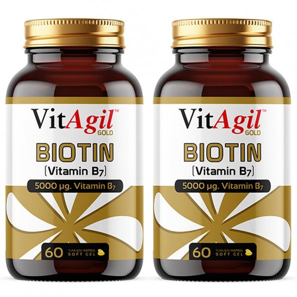 2 Adet VitAgil Gold 5000 mcg Biotin (Vitamin B7) 60 Kapsül