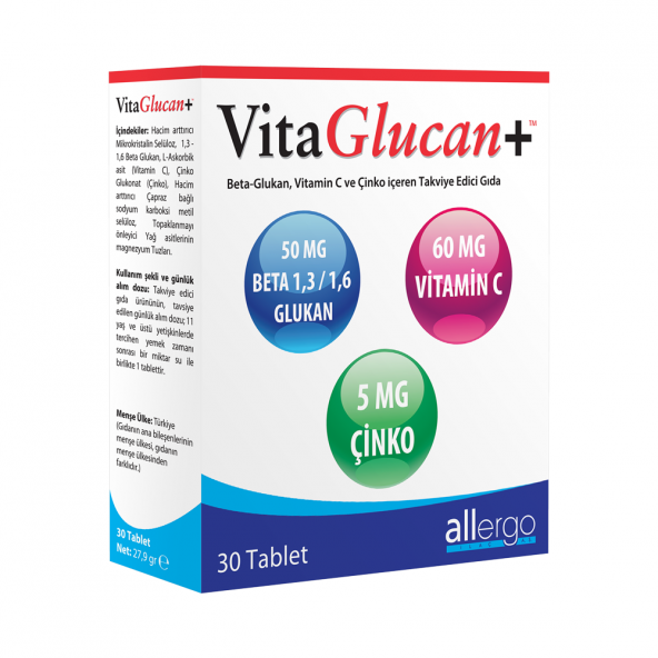 VitaGlucan+ 30 Tablet  Beta Glukan + Vitamin C + Çinko