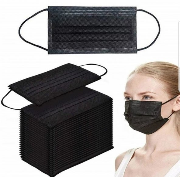 50 Adet Burun Telli Lastikli Siyah Cerrahi Ultrasonik Yüz Maskesi