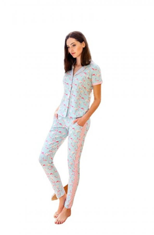 RAPAPA Kadın Düğmeli Muhteşem Pijama Takımı Mavi 881