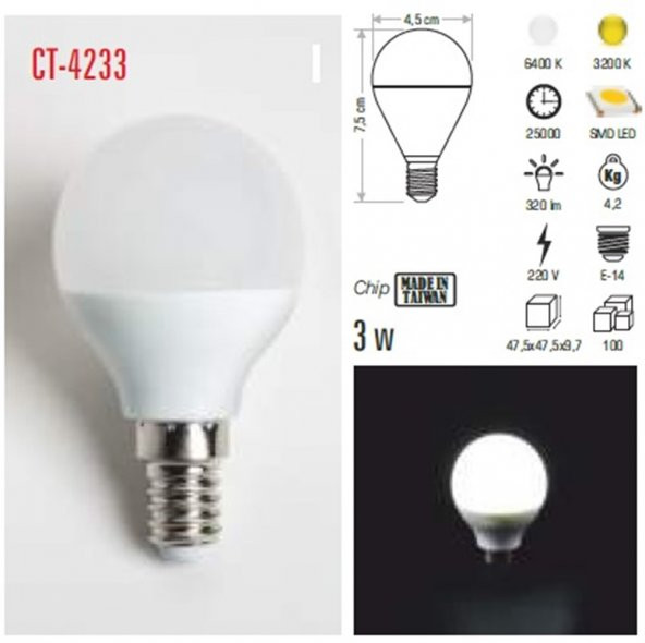 CT 4233 Cata 3 W Led Ampul Günışığı 3200k E14 Duy - 3
