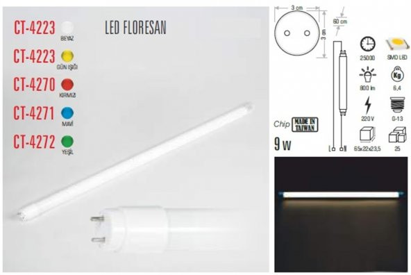 CT 4223 Cata 9 W Led Floresan Ampul Günışığı 3200k 60Cm - 3