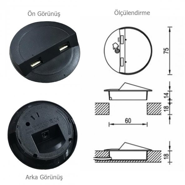 Çalışma Masası için Masa Üstü Usb Şarj Cihazı Siyah Adaptör Dahil - 2