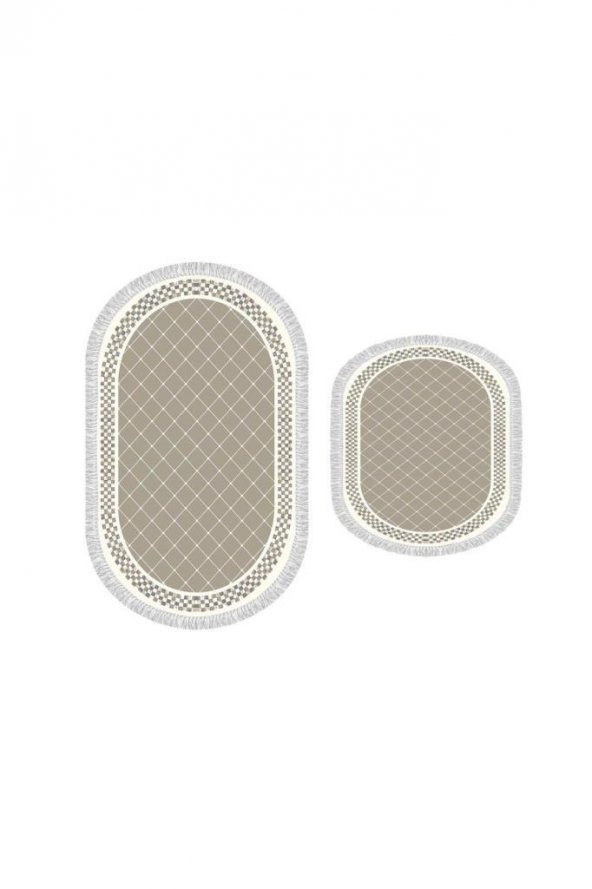Oval Saçaklı 2li Banyo Paspas Takımı Dama Cappucino - 3