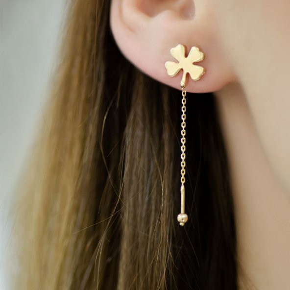 14 Ayar Altın Sallantılı Yonca Küpe - Resim 2