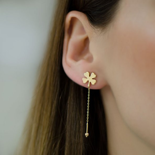 14 Ayar Altın Sallantılı Yonca Küpe - Resim 3