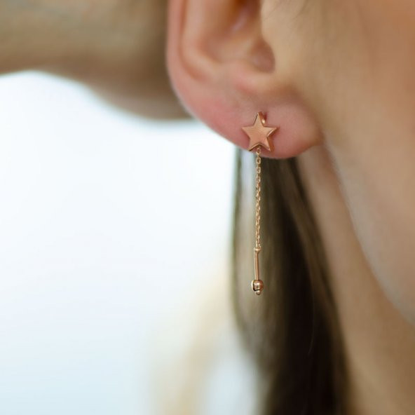 14 Ayar Altın Zincirli Yıldız Küpe - Resim 2