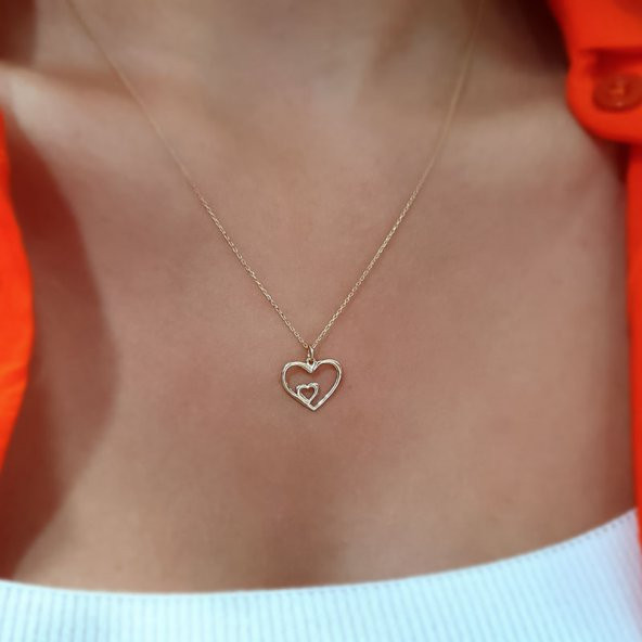 14 Ayar Altın Taşsız İç içe Kalp Kolye - Resim 2