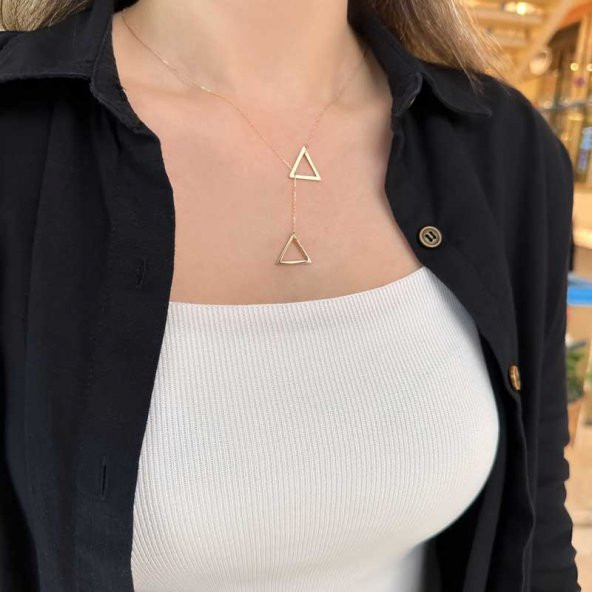 14 Ayar Altın Üçgen Asansör Kolye - Resim 3