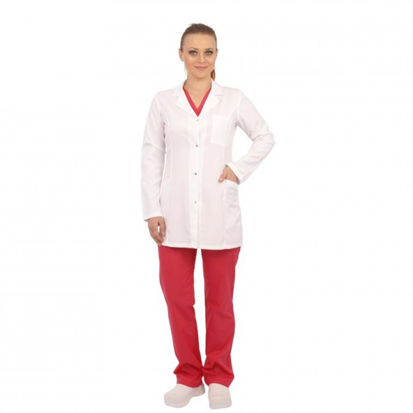 Dr Hemşire Beyaz Bayan Uzun Kol Önlük Terikoton Uniforma