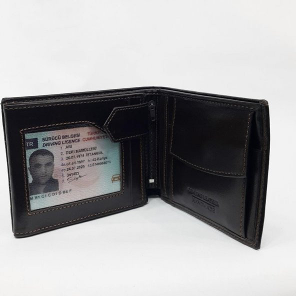 Kahve-Siyah-Taba Renkte Kartlık, Kimlik, Ehliyet Bölmeli İç Fermuarlı Yatay Deri Cüzdan - 7