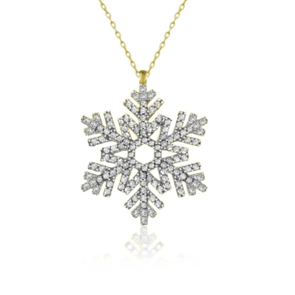 Beyaz Taşlı Altın Renkli Kar Tanesi Modeli 925 Ayar Kolye - 4