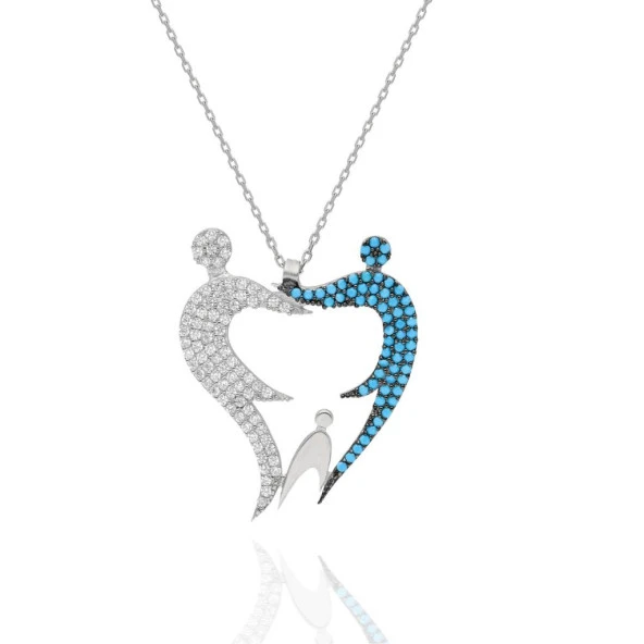 El Ele Tutuşmuş Kalp Modeli Beyaz Turkuaz Taşlı 925 Ayar Kolye - 5