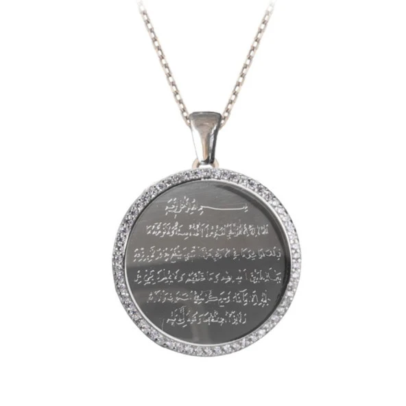 Ayetel Kürsi Yazılı Taşlı Gümüş 925 Ayar Kolye - 10