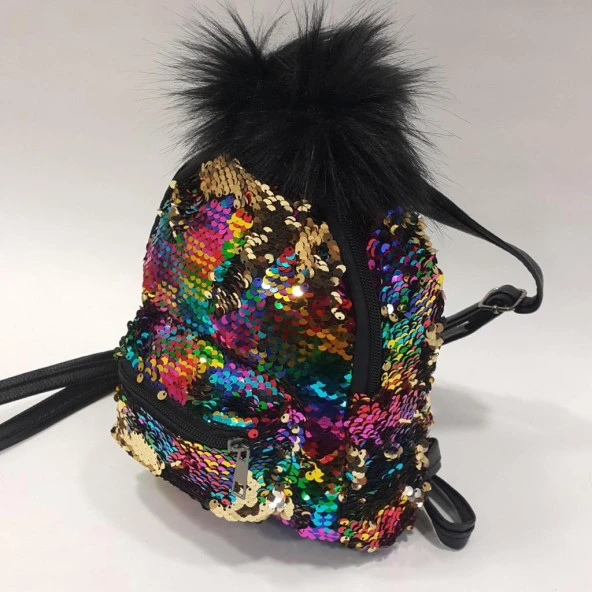 Ponponlu Pullu Çocuk Sırt Çantası Gökkuşağı Rengi - 2