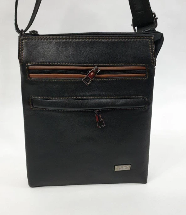 Kahve Dikişli Fermuarlı Deri El Çantası