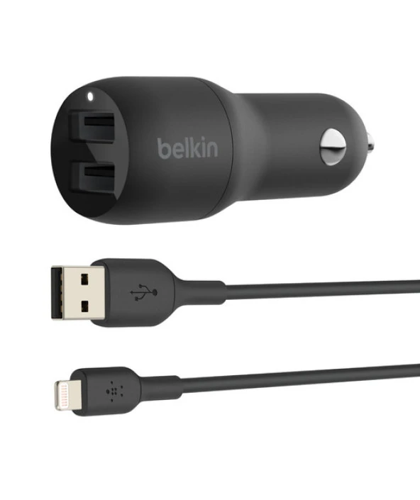 Belkin 24W  Hızlı Araç Şarj Cihazı 2 Port USB Siyah+Apple Lightning Kablo