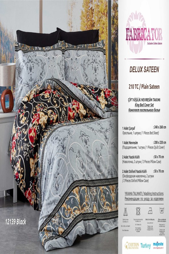 Fabricator Delux Saten %100 Doğal Pamuk Saten Çift Kişilik Gri&Siyah Nevresim Takımı-12139 - 7