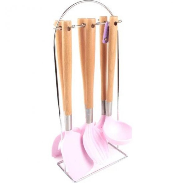 Penguen 7 Parça Bambu Saplı Silikon Servis Seti Pembe PNG-1780 - 2