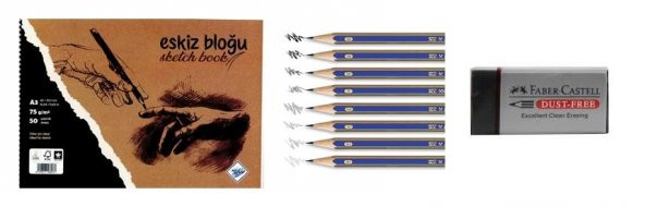 Art Liva A3 75G Eskiz Bloğu +8 Adet Fb Dereceli Kalem + Faber Silgi - 1