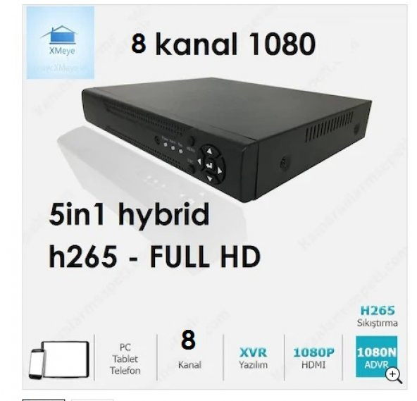 8 kanal 5 in 1 Hybrid DVR XVR Kayıt Cihazı Xmeye Yazılım - Vga-Hdmi Full HD
