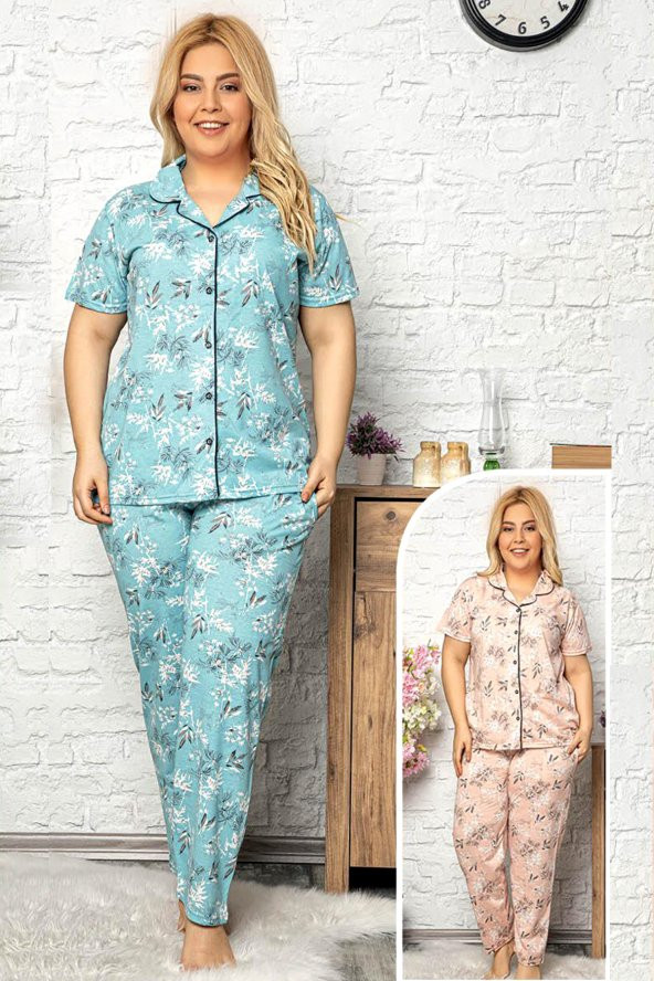 Kadın Retro Biyeli Büyük Beden Pijama Takımı - Anneler Günü Serisi