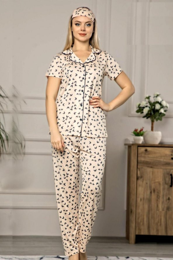Desenli Esinti Kumaş Gömlek Yaka Kadın Pijama Takımı