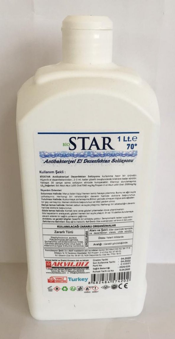BioStar Antibakteriyel El Dezenfektan Solüsyonu Pompalı 1Lt