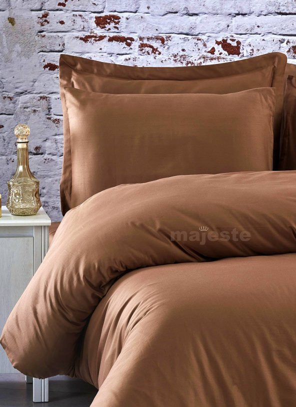 FABRICATOR DELUX %100 Doğal Pamuk Saten Nevresim Takımı Çift Kişilik (6 Parça) Platin Düz Renk-Kahve - 2