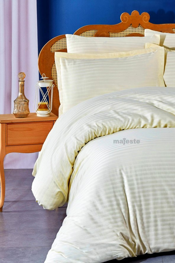 FABRICATOR DELUX Çizgili %100 Doğal Pamuk Saten Nevresim Takımı Çift Kişilik (6 Parça)-Krem - 3