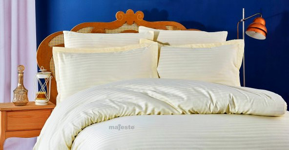 FABRICATOR DELUX Çizgili %100 Doğal Pamuk Saten Nevresim Takımı Çift Kişilik (6 Parça)-Krem - 5
