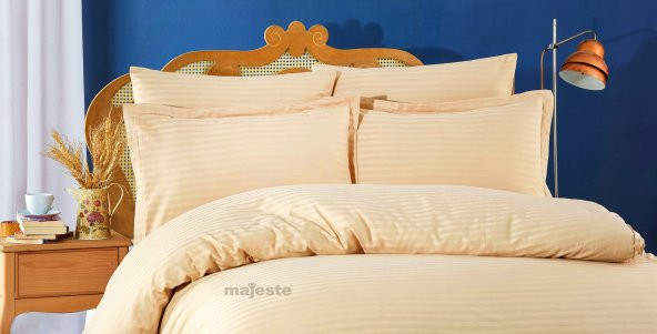 FABRICATOR DELUX Çizgili %100 Doğal Pamuk Saten Nevresim Takımı Çift Kişilik  (6 Parça)-Cappuccino - 6