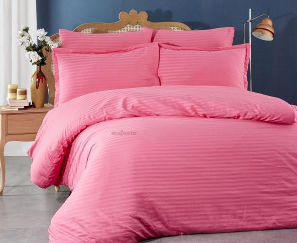 FABRICATOR DELUX Çizgili %100 Doğal Pamuk Saten Nevresim Takımı Çift Kişilik (6 Parça)-Pembe
