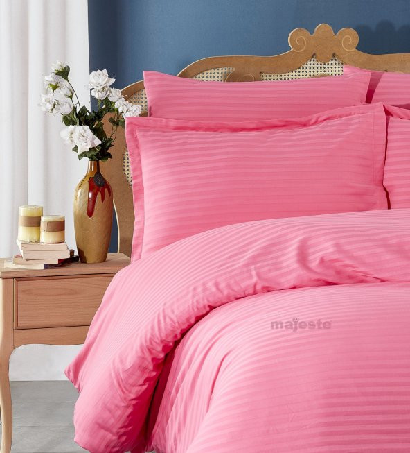 FABRICATOR DELUX Çizgili %100 Doğal Pamuk Saten Nevresim Takımı Çift Kişilik (6 Parça)-Pembe - 2